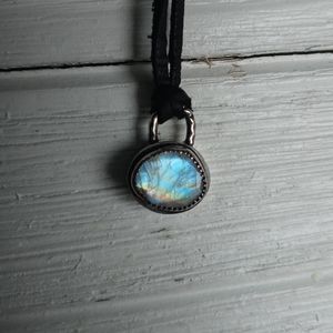 Sterling Silver Rainbow Moonstone Padlock with 36 inch leather necklace